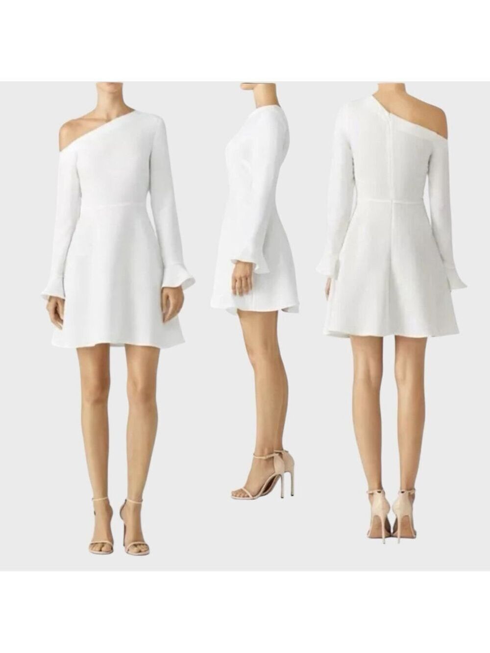 LIKELY Long Sleeve Formal Skater Dress White sz 4 Off Shoulder Minimalist Fancy - Picture 2 of 13